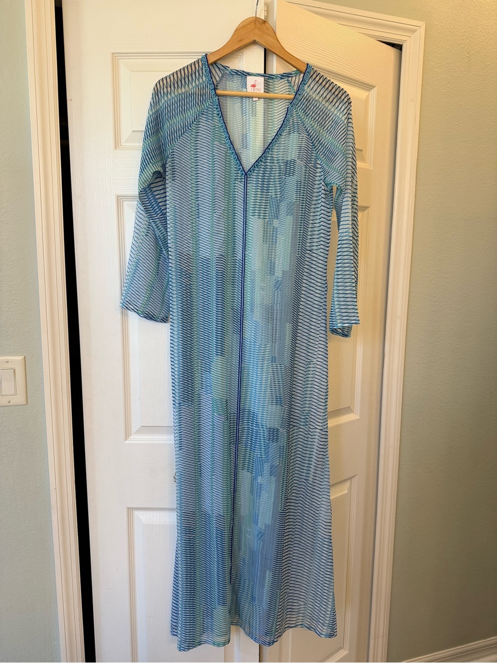 Nimo With Love sheer blue mix print caftan beach dress or resort cover-up beaded - Picture 2 of 5
